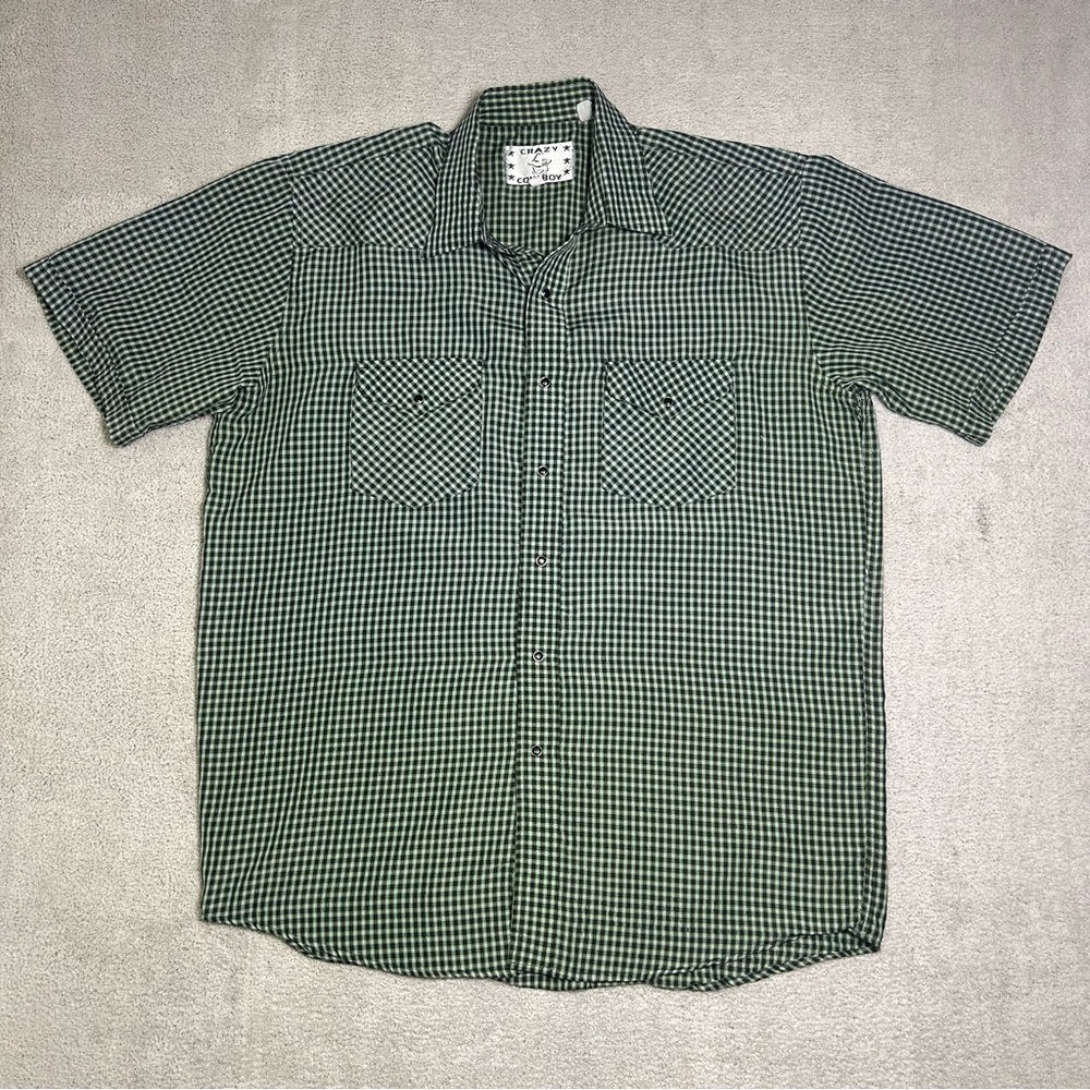 Vintage Crazy Cowboy Shirt Men’s XL Green Plaid Western Pearl Snap Short Sleeve